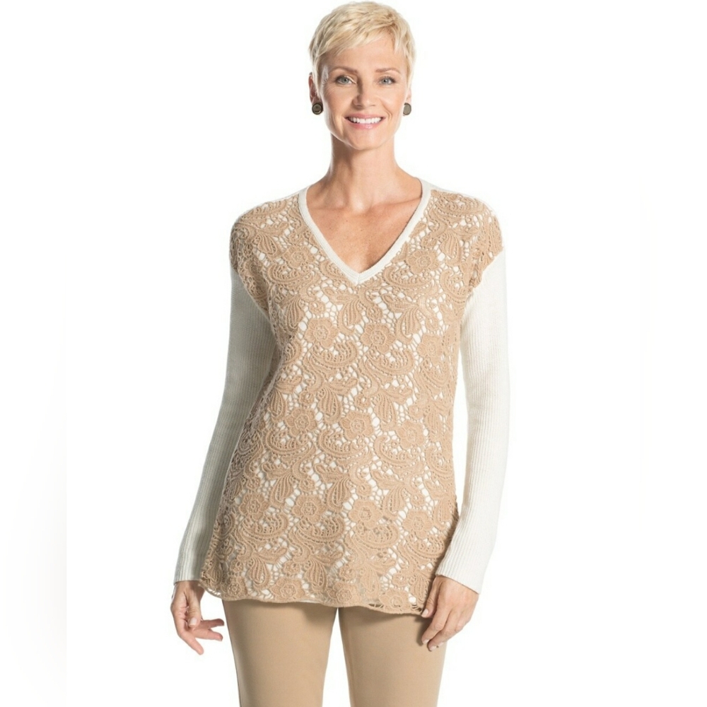 Chico's Women's Christina Lace Front V-Neck Sweater